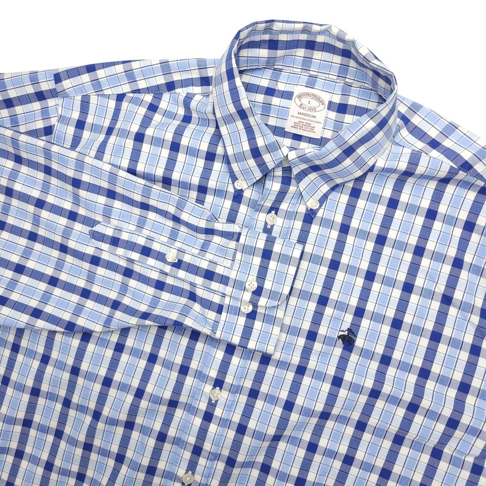 Brooks Brothers Dress Shirt Mens Large Blue Check Madison Non Iron Supima Cotton
